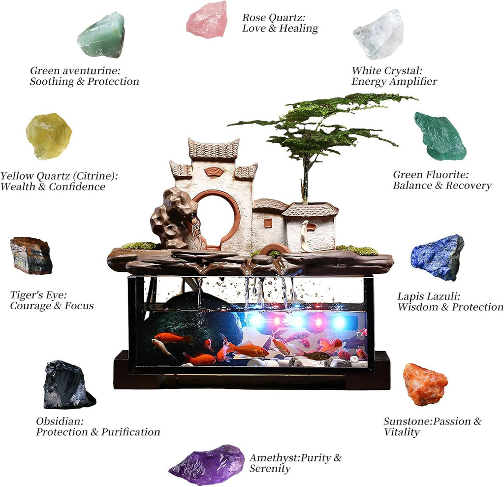Desktop Ceramic Water Fountain Fish Tank - Adjustable Water Flow with LED Lights | Indoor Decoration Fortune Gifts+15 PCS Free Crystals (Style 6)