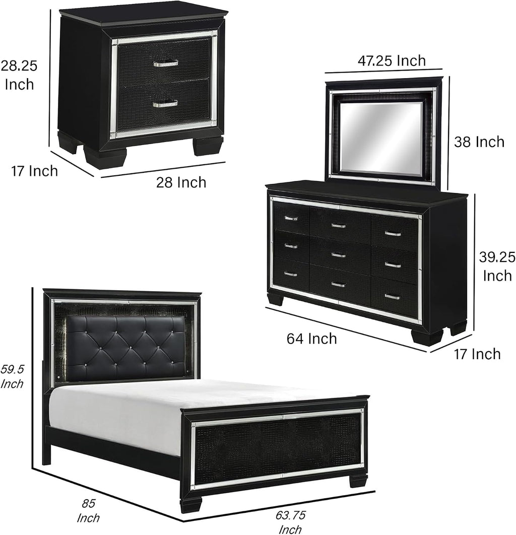 Benzara Alen 4 Pc Queen Size Bedroom Set, Button Tufting, Mirror Trim, Black