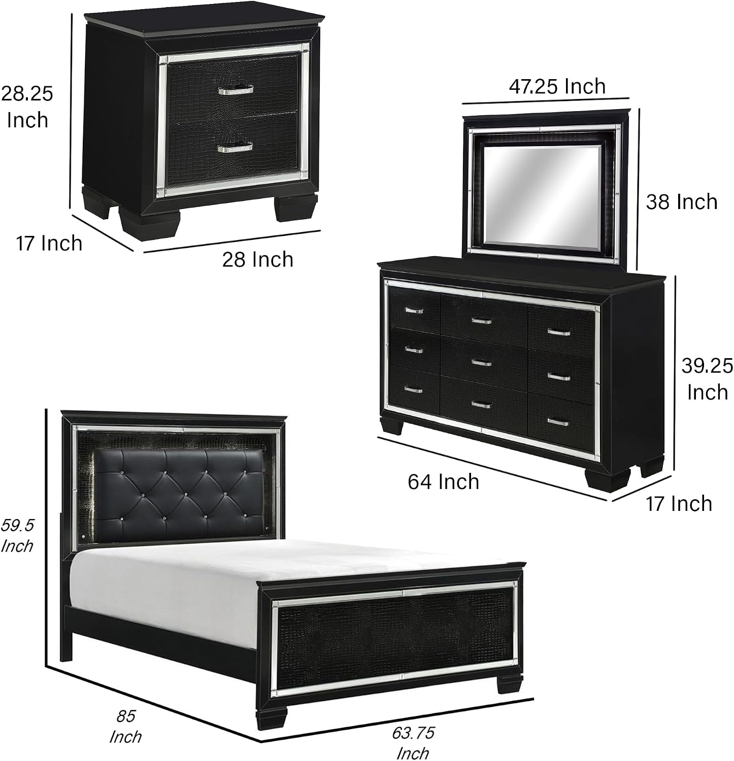 Benzara Alen 4 Pc Queen Size Bedroom Set, Button Tufting, Mirror Trim, Black
