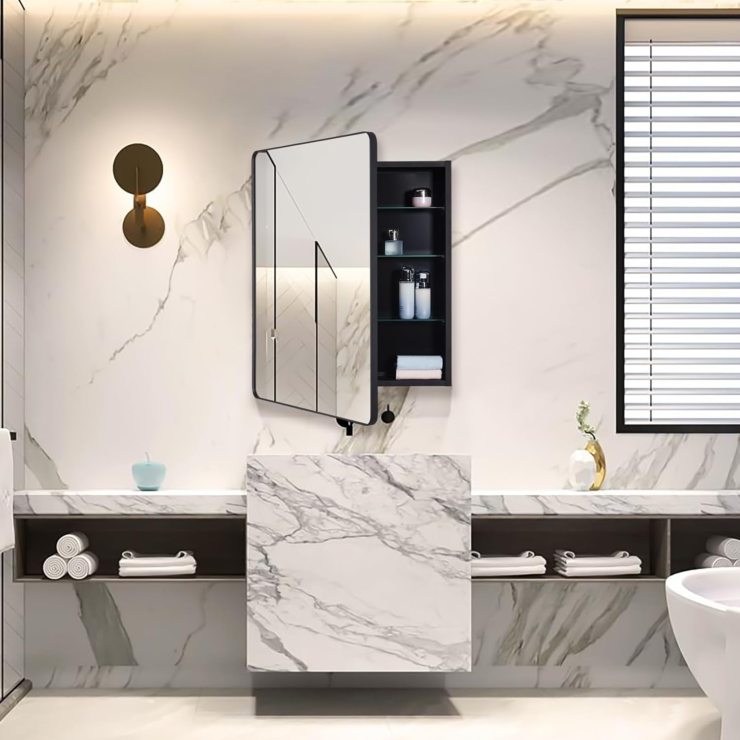 IDYLLOR Black Bathroom Mirror Medicine Cabinet with Round Corner Framed Door 24 x 30 inch, Recessed or Surface Mount, with Adjustable Glass Shelves