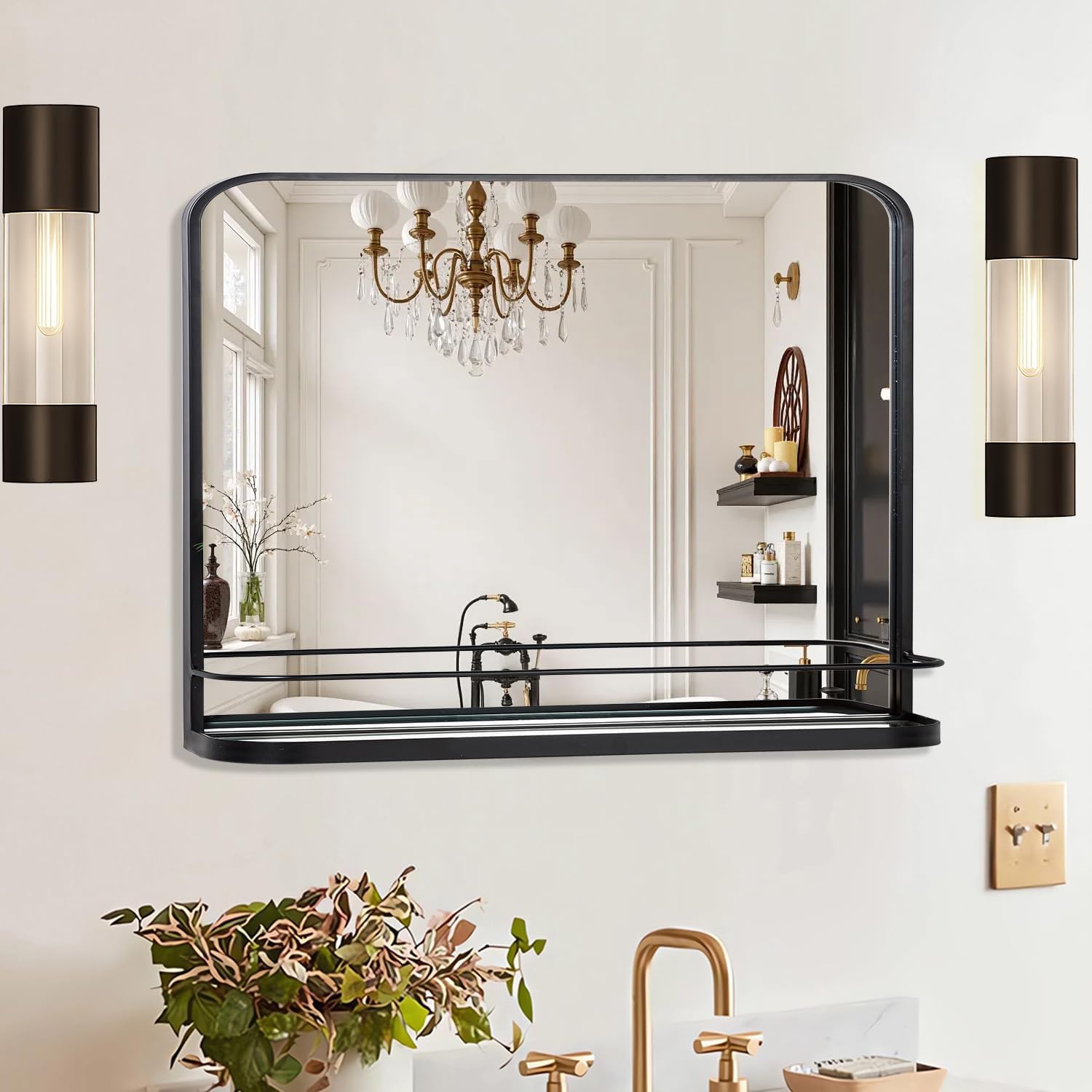 VASUHOME Black Bathroom Mirror with Shelf, 32'x22' Wall Mounted Vanity Mirror with Metal Frame & Rounded Corners, Storage Shelf for Bathroom, Bedroom, Living Room, Entryway
