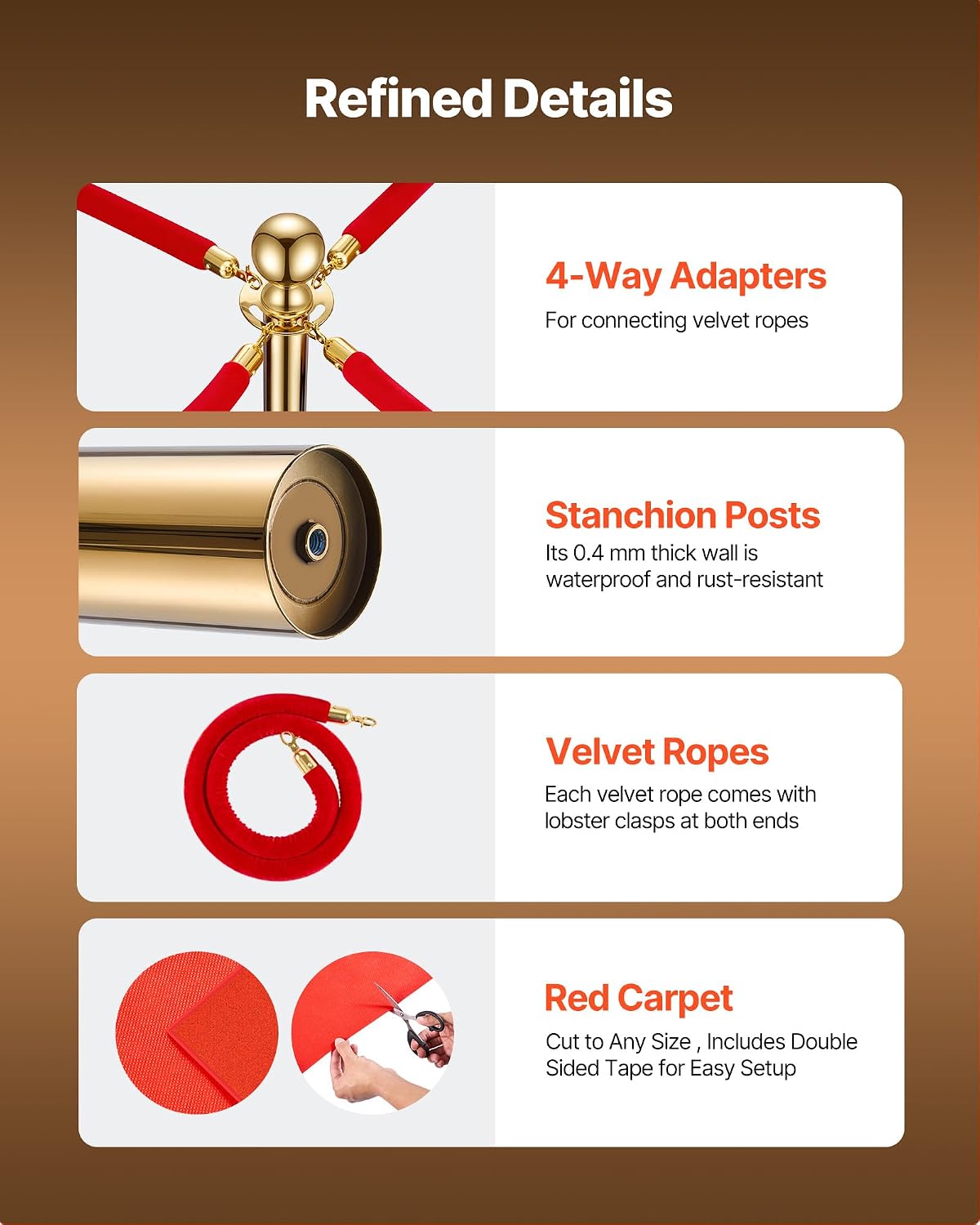 VEVOR Stanchions and Velvet Ropes 8Pcs, Hollow Base with Stainless Steel Post & 32.81ft Carpet, 6 Red Velvet Ropes, Crowd Control Barriers Gold Stanchions, Red Carpet Runner Poles for Party Supplies