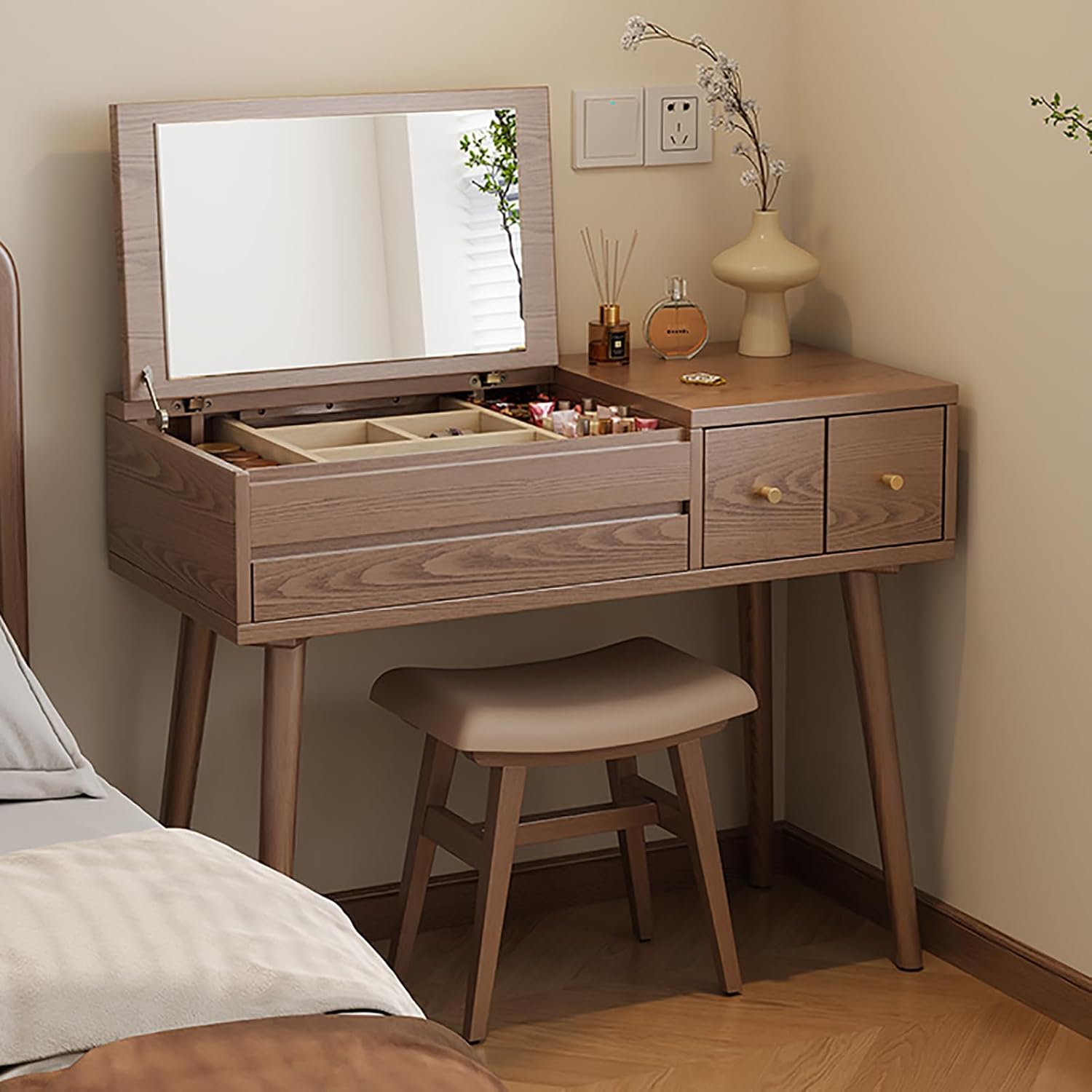 Makeup Vanity Stool, Saddle Cushion Vanity Bench Ottoman with Solid Wood Leg and Upholstered Seat, Entryway Shoe Bench, Counter Height Bar Stool for Kitchen Dining Piano