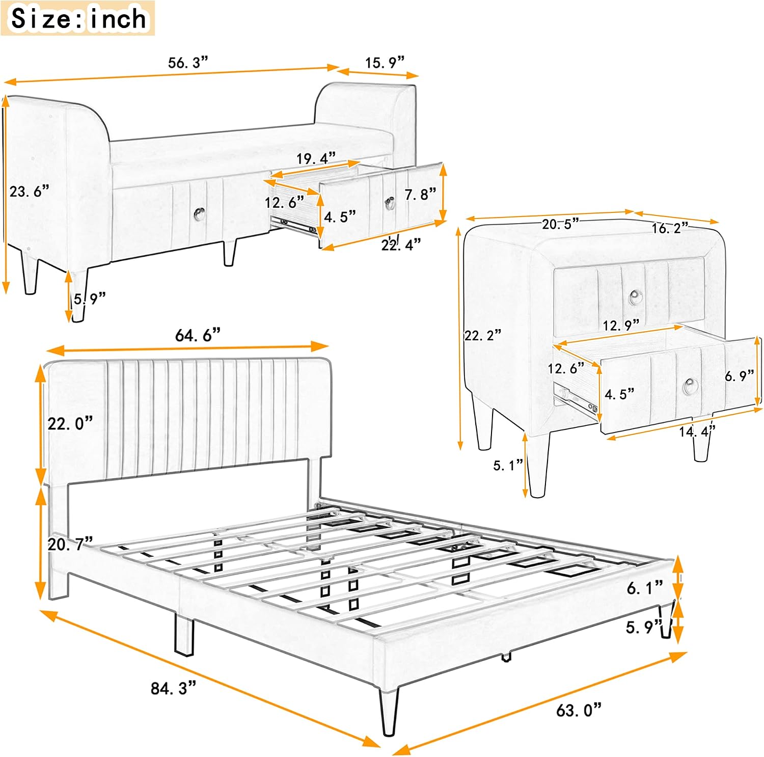 KLMM Elegant 4-Pieces Bedroom Sets Queen Size Upholstered Platform Bed with Two Nightstands and Storage Bench, No Box Spring Needed (Green#M^)