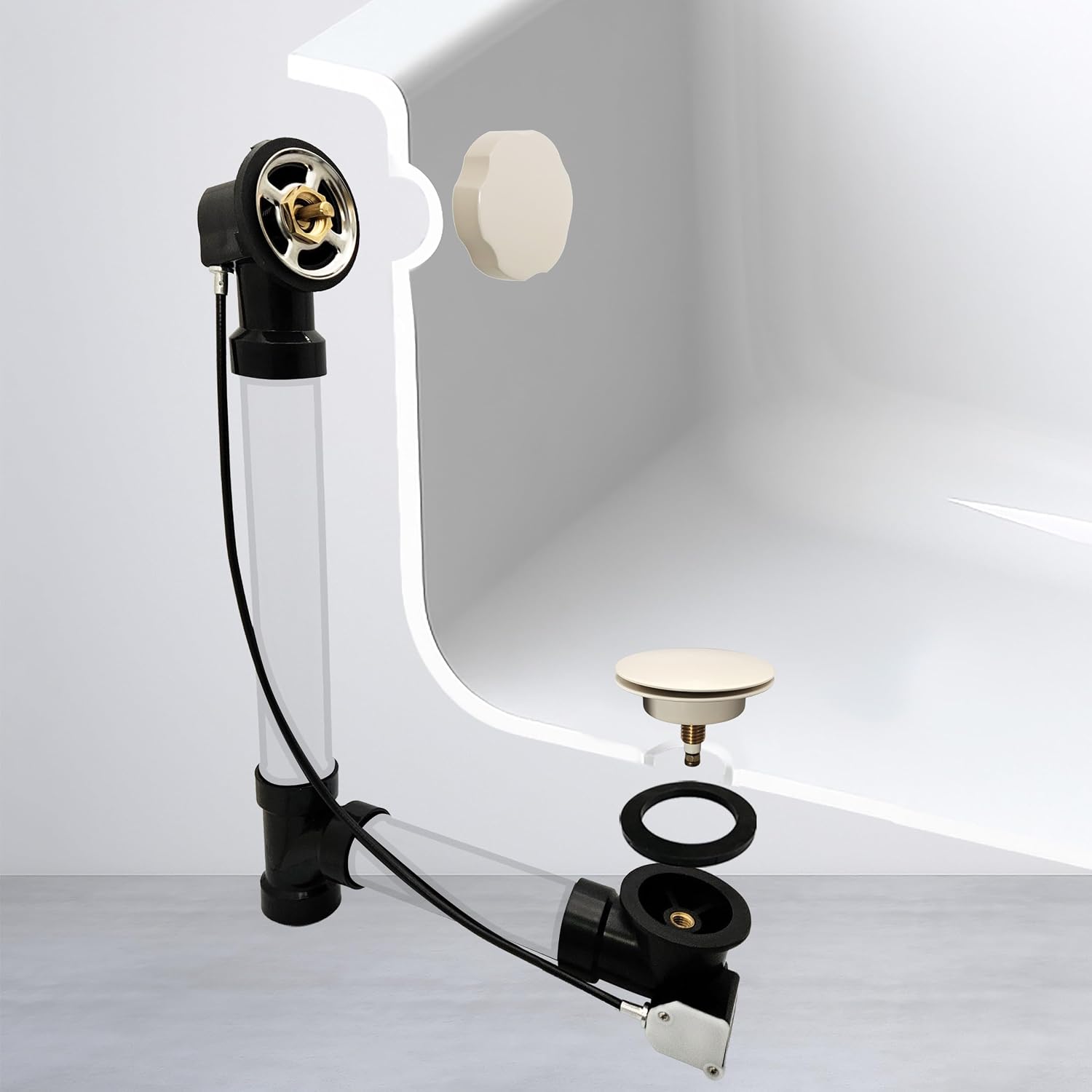 Westbrass A50A35-65 35' SCH. 40 ABS Cable Driven Bath Drain Trim Kit with Rotary Overflow Cover Knob and Pop-Up Stopper, Biscuit