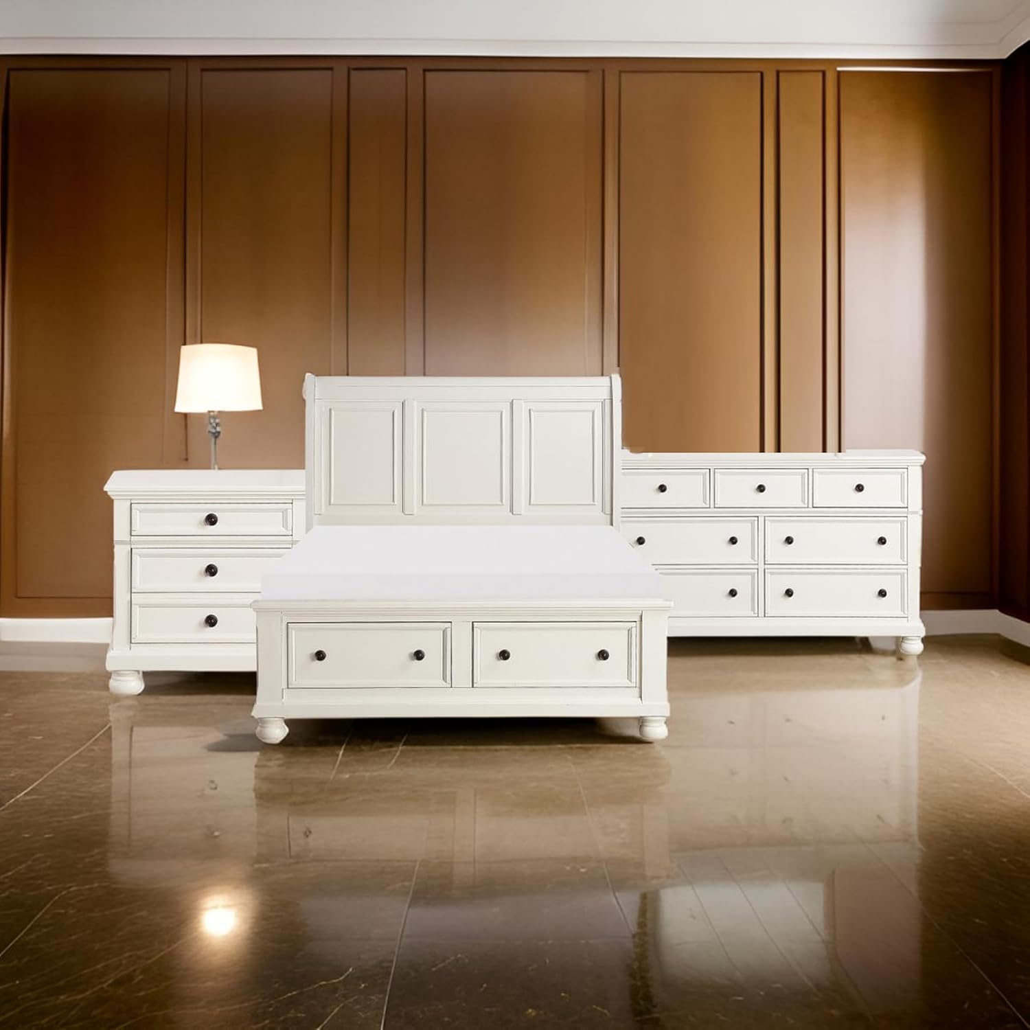 Ben Four Piece Queen Size Bedroom Set- Transitional Style- White- Bronze