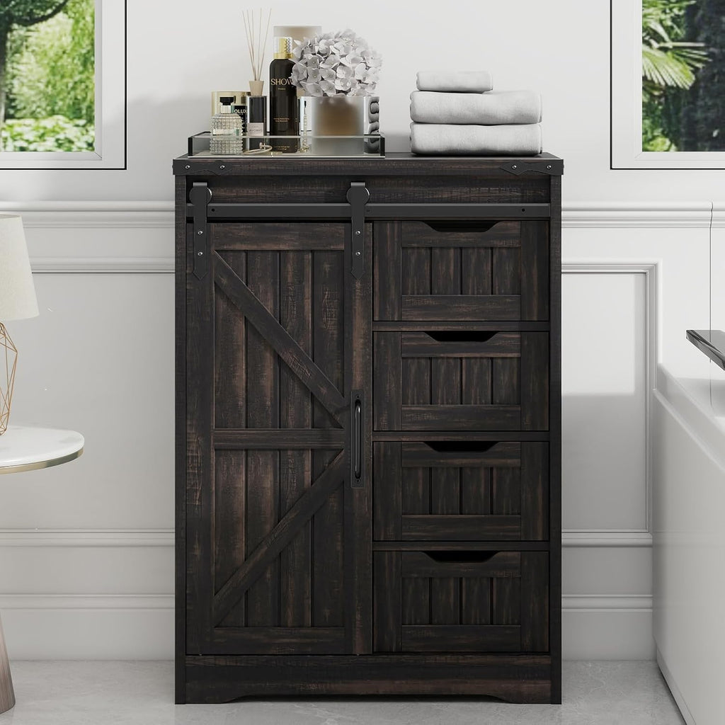 Halitaa Farmhouse Bathroom Floor Storage Cabinet with 4 Drawers, Bathroom Cabinet with Sliding Door, Rustic Storage Organizer for Kitchen, Living Room, Rustic Style, Black Oak