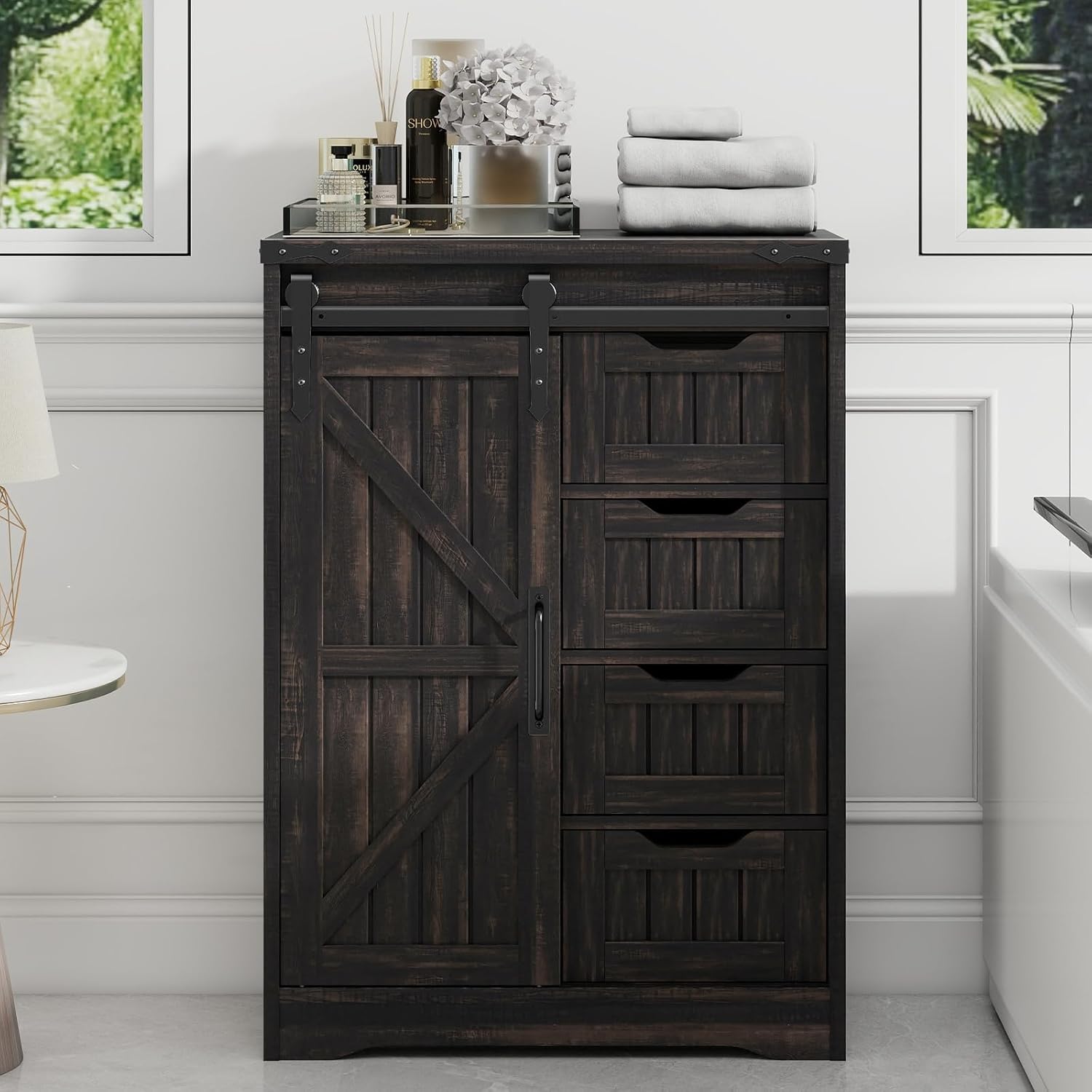 Halitaa Farmhouse Bathroom Floor Storage Cabinet with 4 Drawers, Bathroom Cabinet with Sliding Door, Rustic Storage Organizer for Kitchen, Living Room, Rustic Style, Black Oak