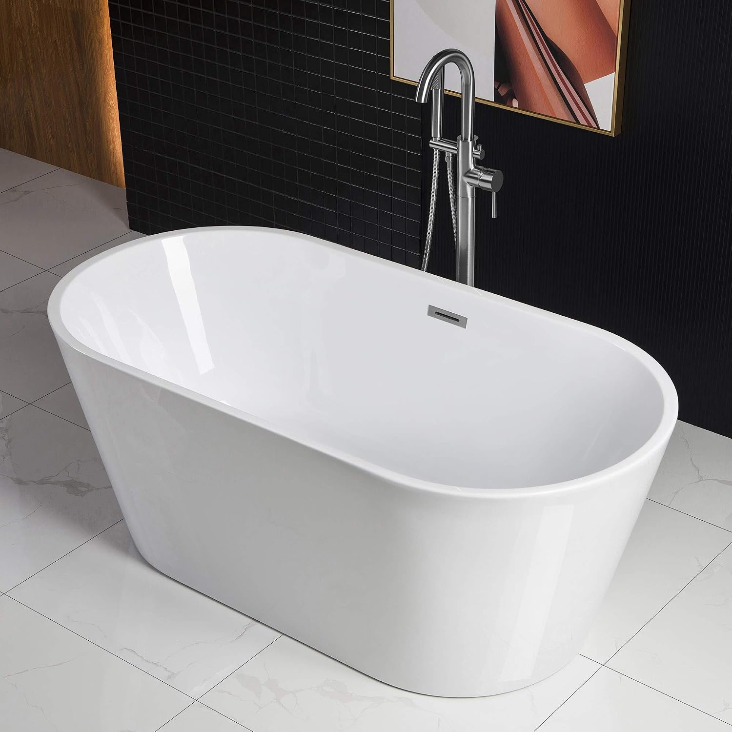 WOODBRIDGE 59' Acrylic Freestanding Bathtub Contemporary Soaking White Tub with Chrome Overflow and Drain,B0014-CH
