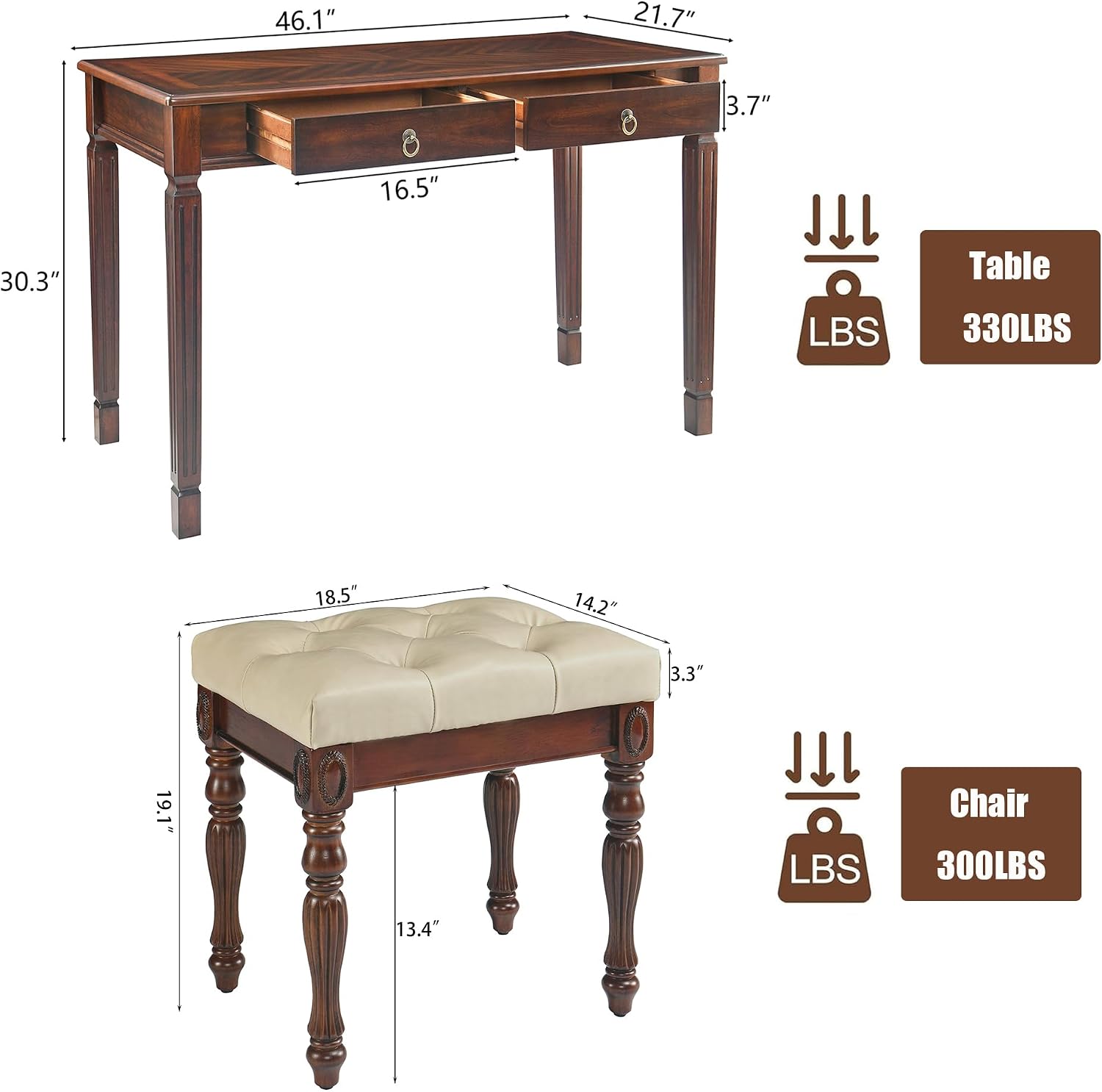Solid Wood Makeup Vanity Table Set, 46.1' Large Dressing Vanity Table with 2 Drawers and Vanity Bench Stool Writing Desk with Solid Wood Legs & Button Tufted Cushioned Stool, Cherry&Beige