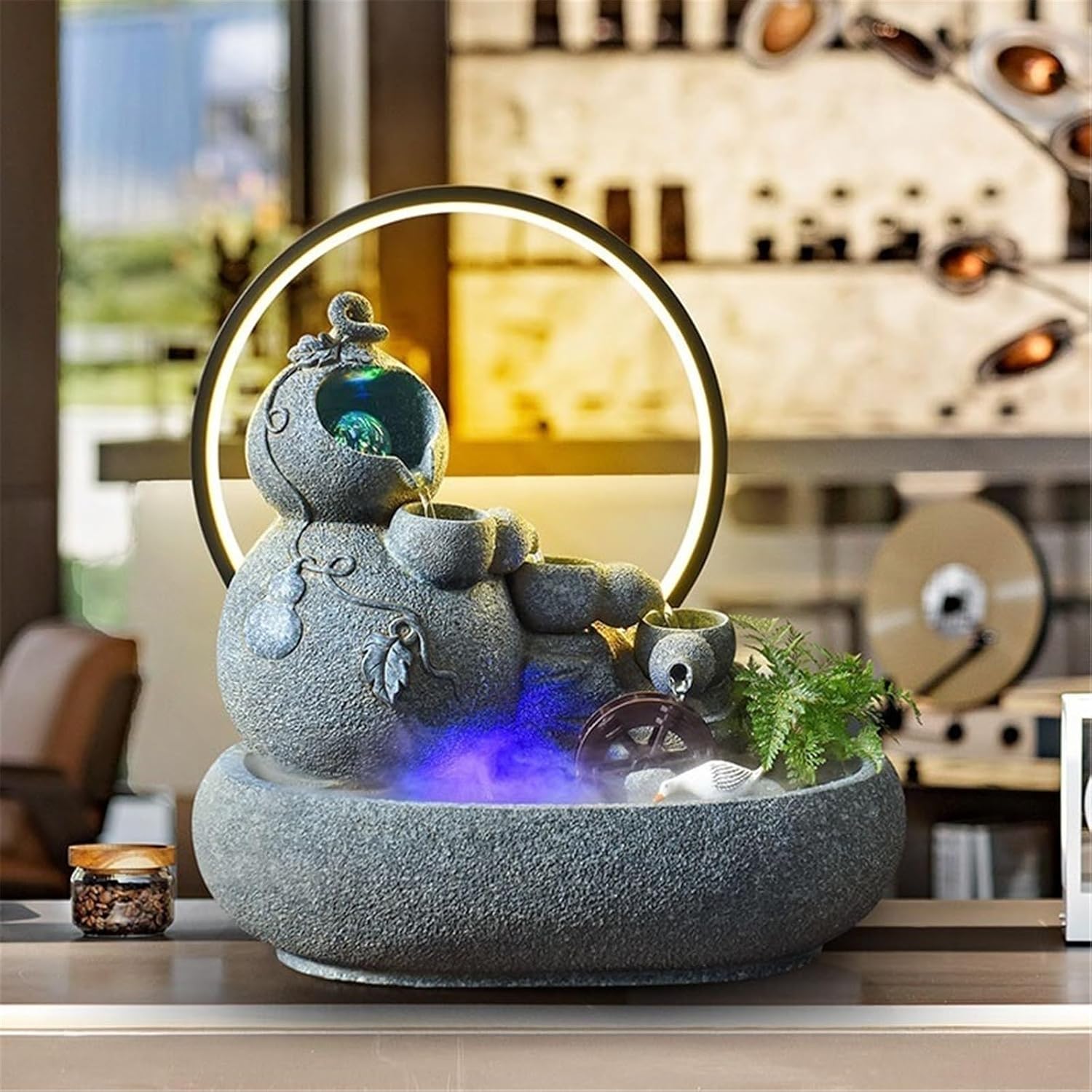 Tabletop Fountain Fountain Water Feature Small Waterfall Fountains, Desktop for Meditation Relaxation(Blue)