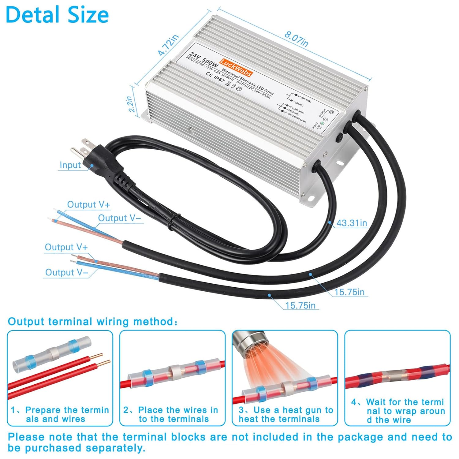 LED Driver 24V 500W Waterproof Power Supply AC90-130V to DC24V20.8A Low-Voltage IP67 Transformer Suitable for Street Lights Lawn Lights LED Outdoor Landscape Lighting Waterproof Transformer