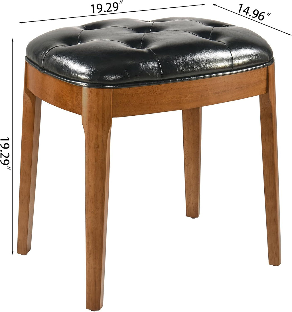 Vanity Stool with Padded Cushion, Vanity Bench with Wood Legs, Piano Bench Seat with with Solid Wood Legs, Backless Vanity Stool for Makeup Room, Bedroom, Dining Room and Study Room, Black