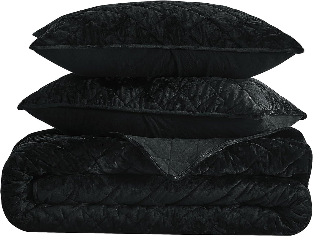 Chezmoi Collection Lux Black Velvet Quilt Oversized King Set, 3-Piece Plush Distressed Velvet Bedding All Season Lightweight Comforter Brushed Microfiber Reverse with Diamond Stitch Quilting