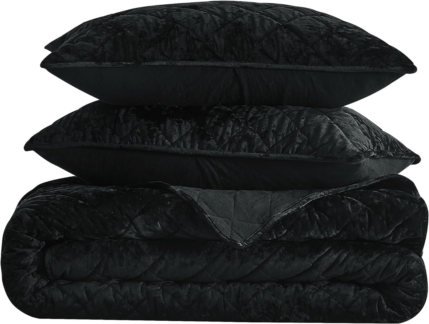 Chezmoi Collection Lux Black Velvet Quilt Oversized King Set, 3-Piece Plush Distressed Velvet Bedding All Season Lightweight Comforter Brushed Microfiber Reverse with Diamond Stitch Quilting
