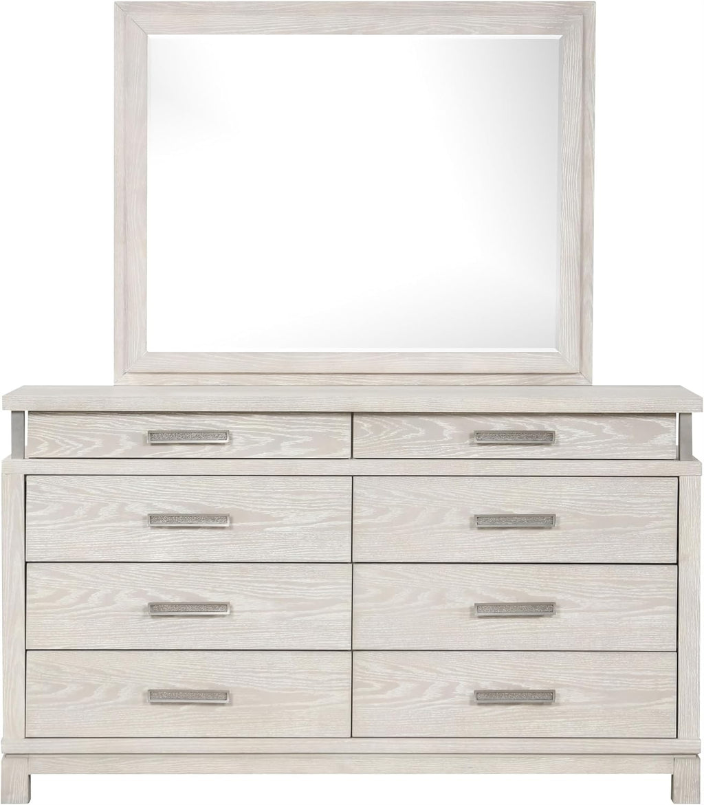 Furniture of America Bailer Modern Solid Wood 5-Piece Bedroom Set with LED on Headboard, Stainless Steal Posts and Marble Top on Nightstand, Box Spring Needed, King, Weathered Gray