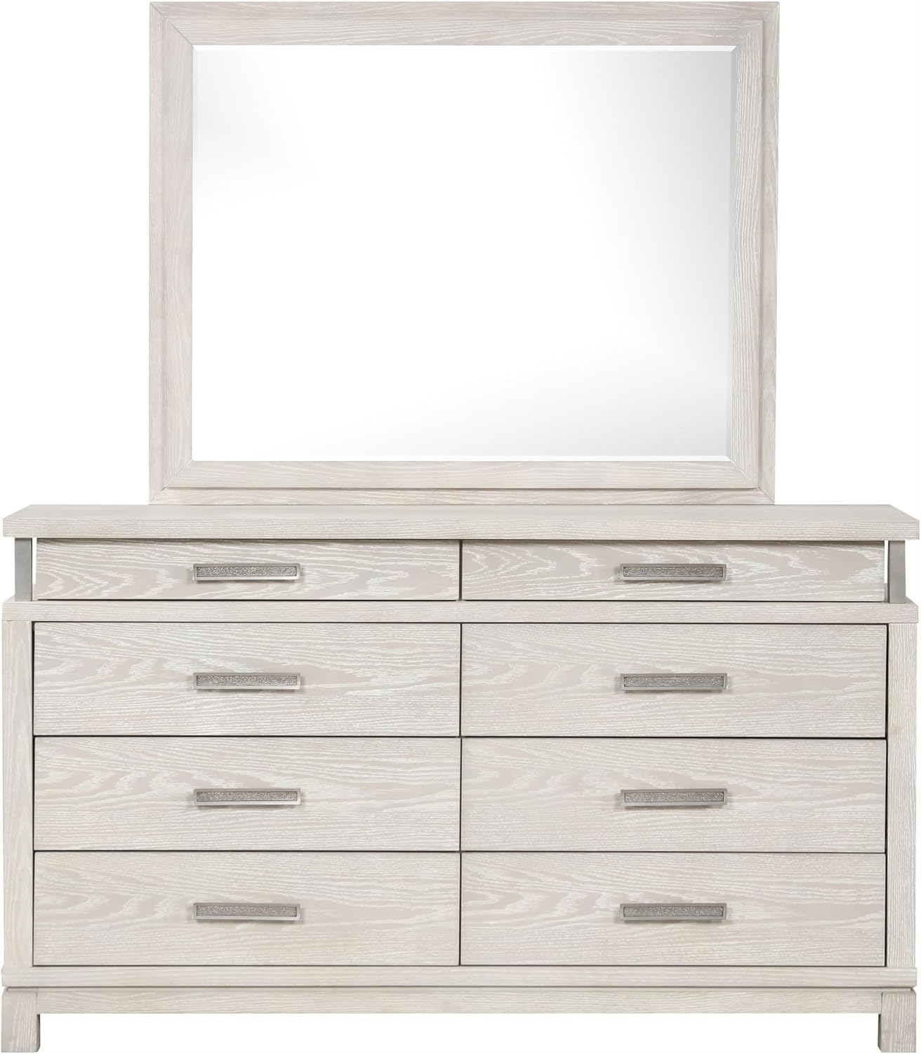 Furniture of America Bailer Modern Solid Wood 5-Piece Bedroom Set with LED on Headboard, Stainless Steal Posts and Marble Top on Nightstand, Box Spring Needed, King, Weathered Gray