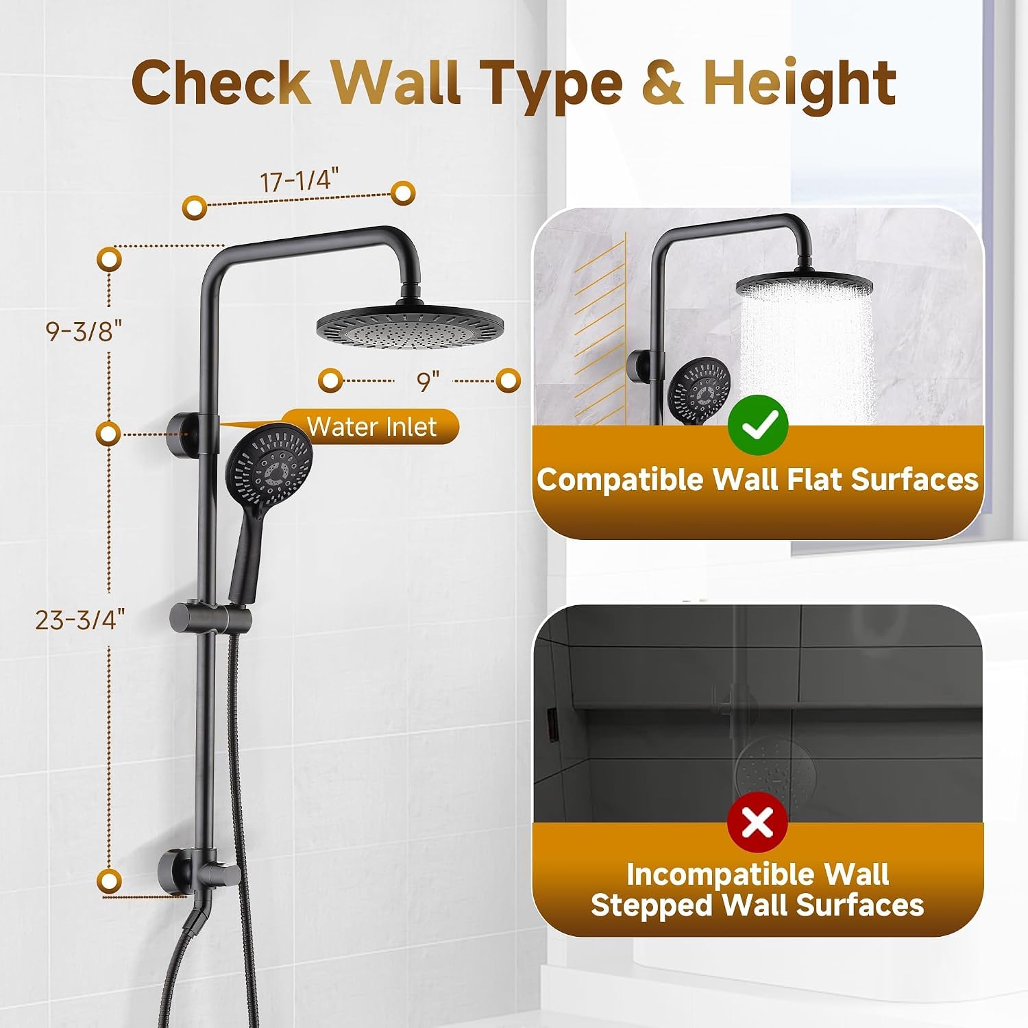 BRIGHT SHOWERS Shower System, 9 Inch Rain Shower Head with 5-Function Hand Shower, Dual Shower Combo with Height Adjustable Holder, Solid Brass Rail, 60 Inch Stainless Steel Hose, Oil-Rubbed Bronze