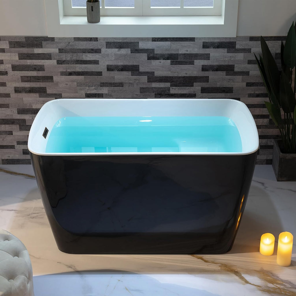 WOODBRIDGE 48' Acrylic Freestanding Square Shape Janpanese Soaking Tub with Pre-molded Seat and Oil-Rubbed Bronze Pop-UP Drain and Overflow Option, Black, B1870-ORB