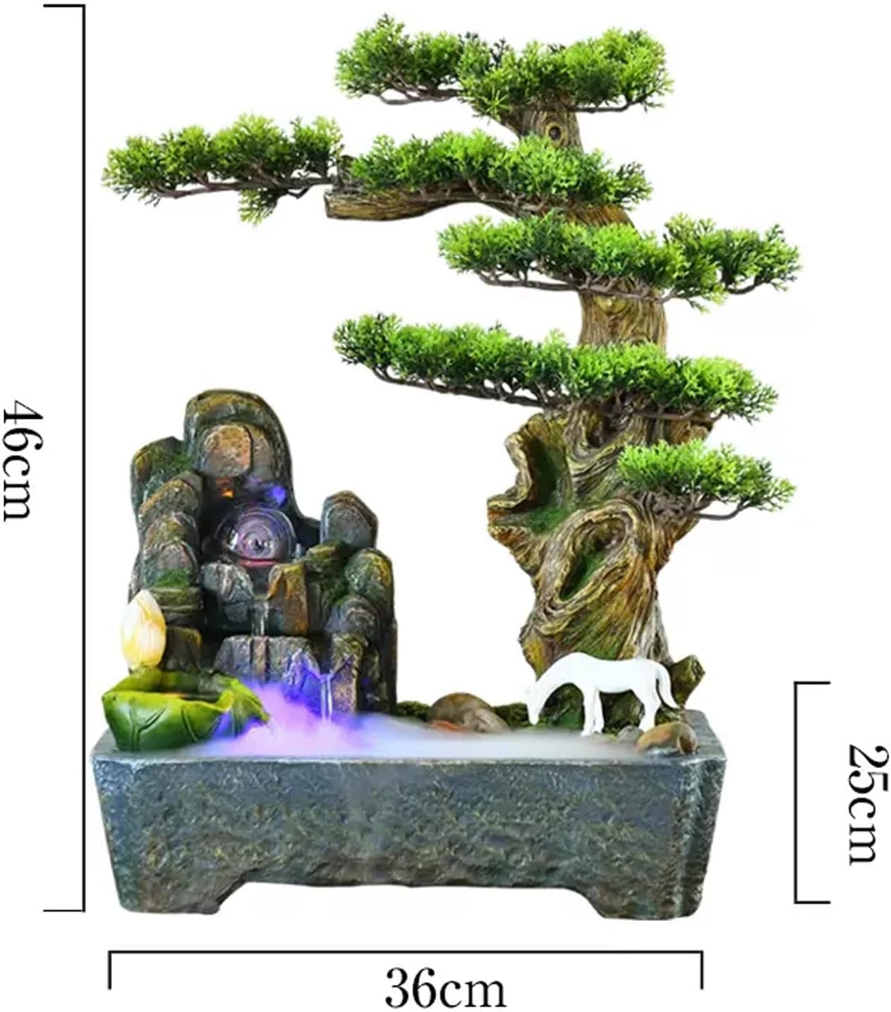 Desktop Fountain Chinese Resin Indoor Tabletop Fountain Artificial Tree Potted Water Feature Rockery Waterfall for Home Office Bedroom Desk Decoration