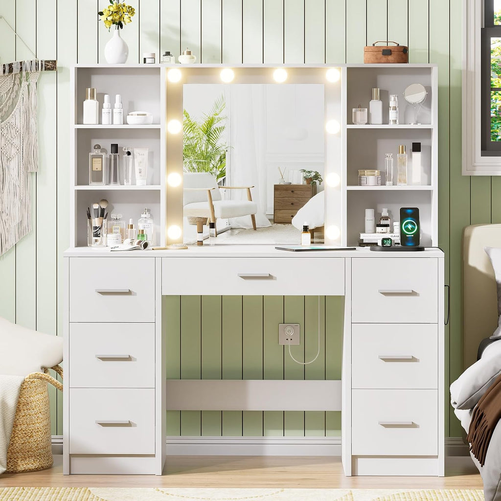 DINGIPP Makeup Vanity Desk with Mirror,10 Lights and Power Strip,Large Makeup Vanity with Shelves and 7 Drawers, Vanity Desk Dressing Table with 3 Color Adjustable Light,Vanity Table (White)