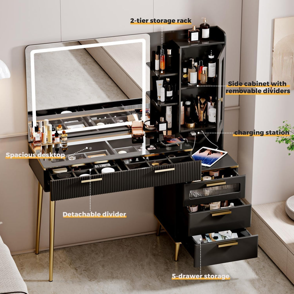 Arulvmrn 47.24' Big Modern Vanity Desk with Mirror and Lights, Vanity Desk with 29.53' HD Lighted Mirror, Makeup Vanity with 5 Drawers and Storage Shelves and Charging Station, Black2