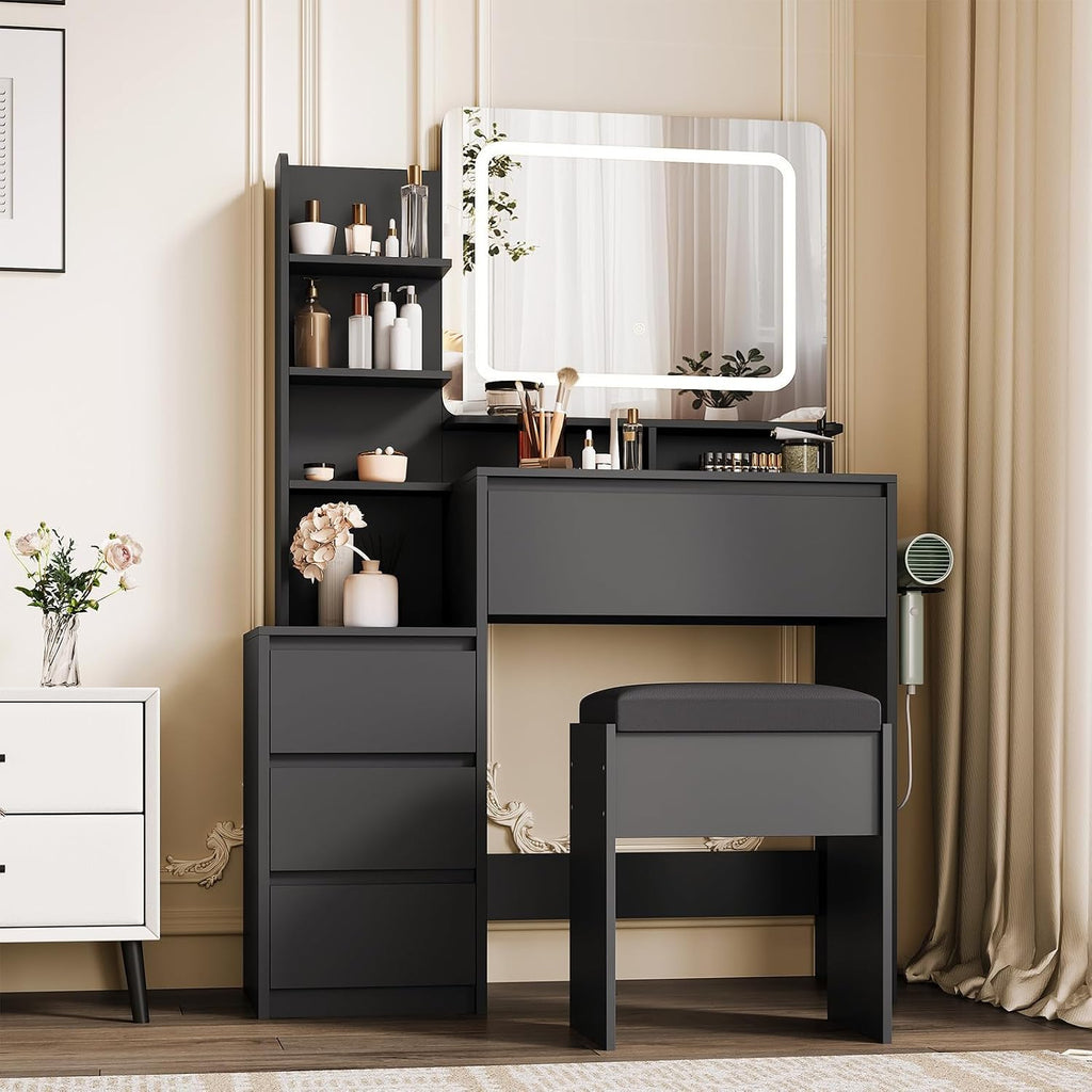 Vanity Desk With Mirror and LED Lights, 36-Inch Makeup Vanity Desk, Power Outlet, USB Ports, Stool, 3 Color Adjustable Light, Dressing Table With 4 Drawers, Storage Shelves for Bedroom, Women, Black