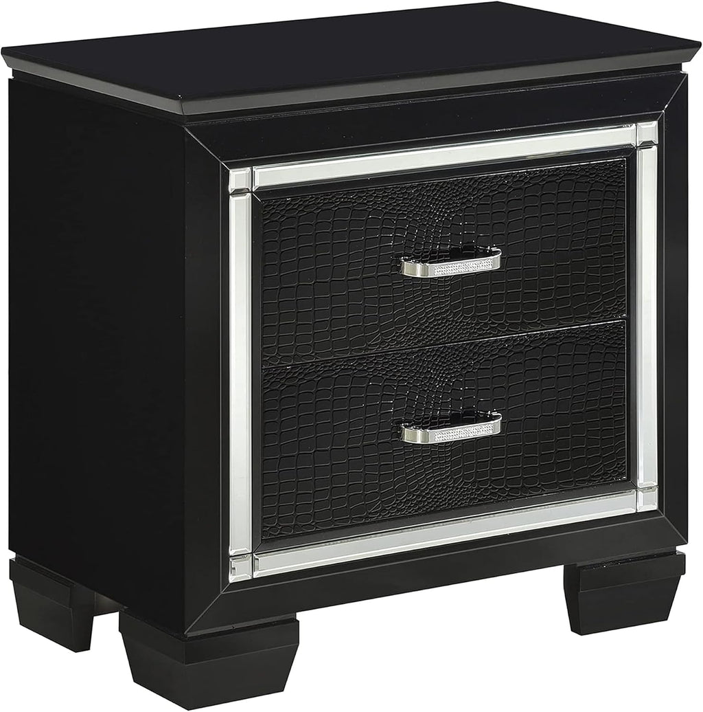 Benzara Alen 4 Pc Queen Size Bedroom Set, Button Tufting, Mirror Trim, Black