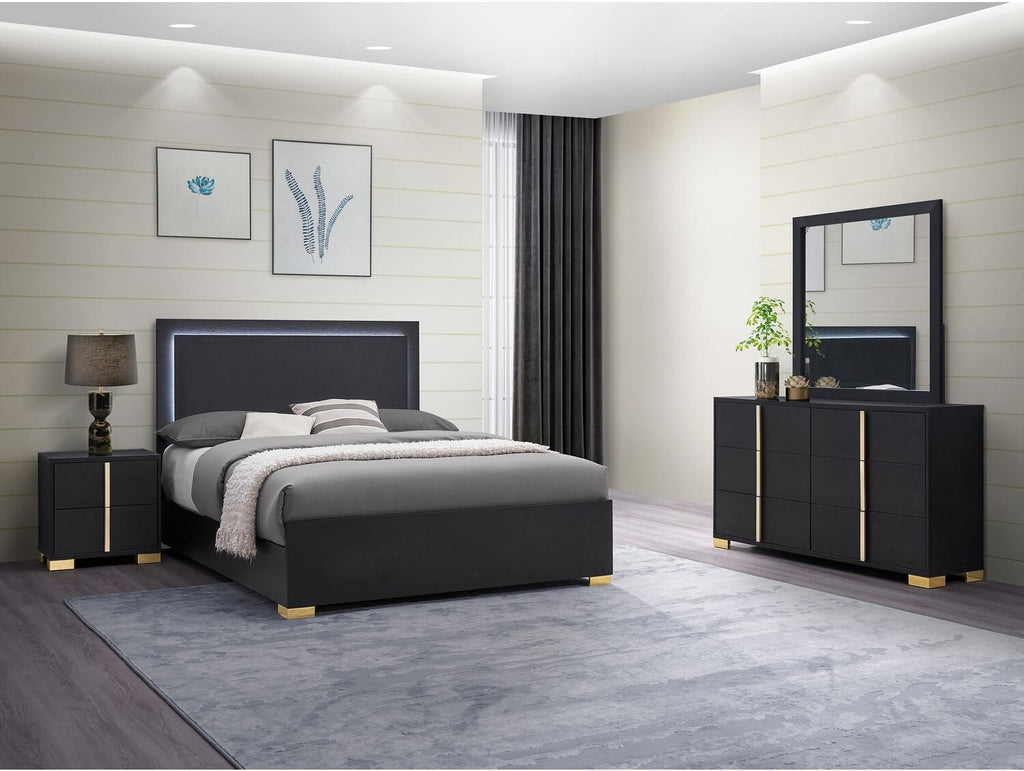 HomeStock Black Bedroom Set with Gold Accents - 4 Piece Modern Bed Set