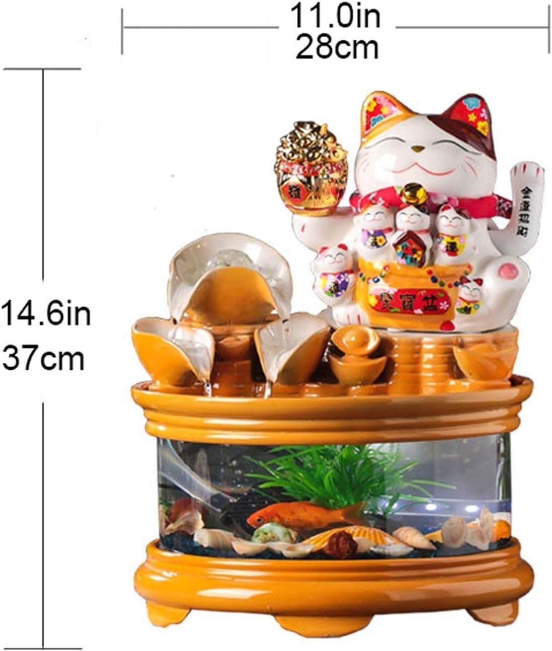 Fountain Waterfall Glass Fish Tank with Lucky Cat, Indoor Ceramic Cascading Decorative Fountain for Home Office Tabletop Indoor Relax, Christmas Ideas