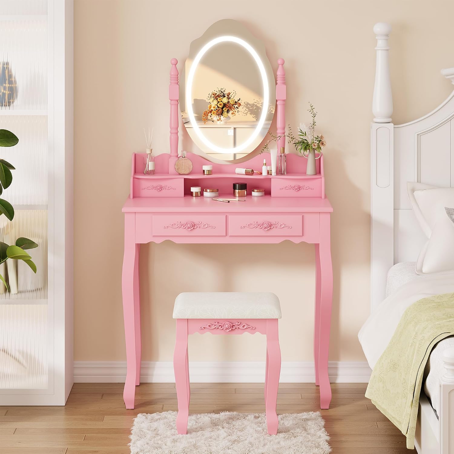 Vanity Desk with Mirror and Lights, Modern Vanity Makeup Table and Cushioned Stool Set with 4 Drawers, 3 Color Lighting Modes with Adjustable Brightness, Dressing Table Set for Bedroom (Pink Vanity)