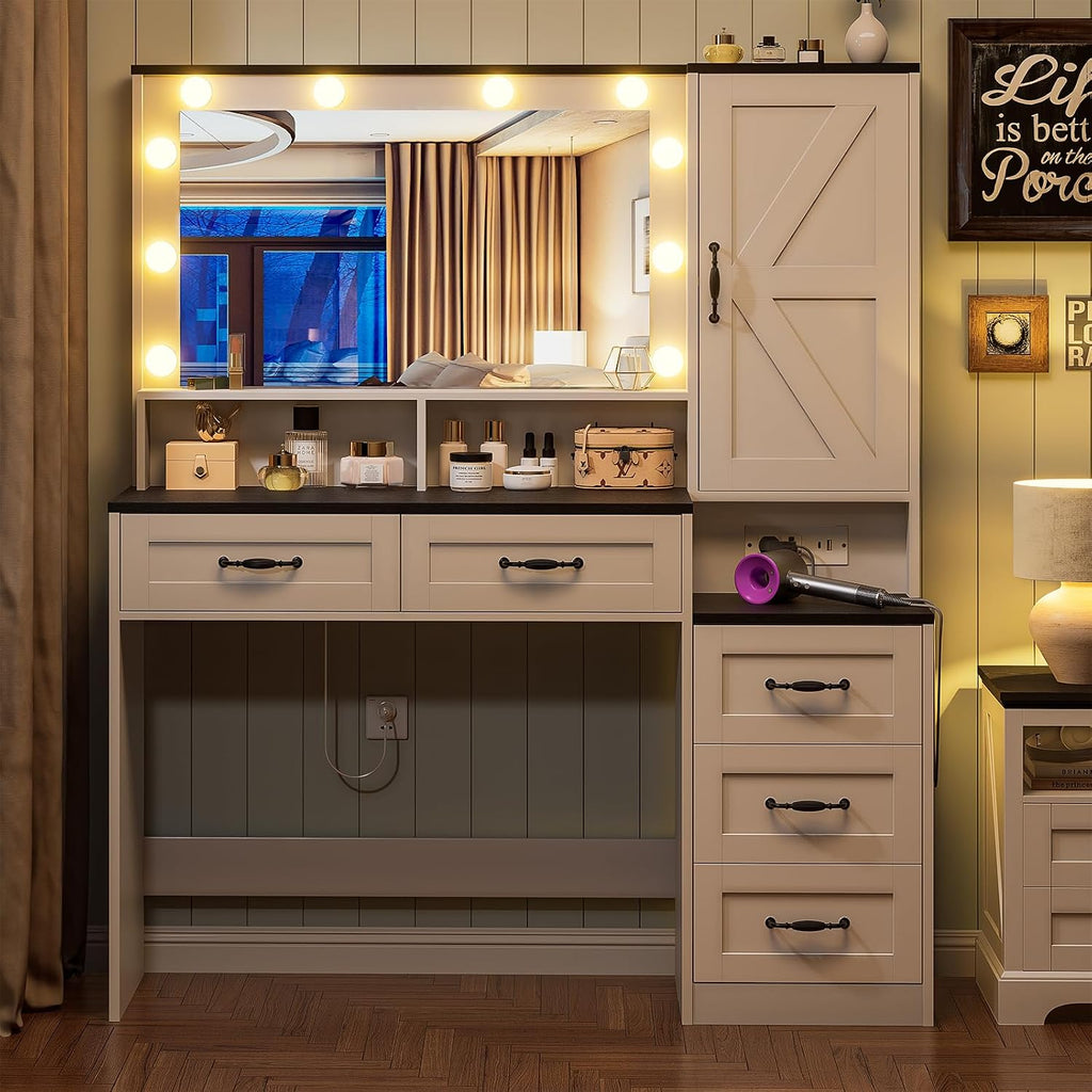 Farmhouse Vanity Desk Makeup Table with Mirror and 10 Lights, 45.3' Large Vanity Desk with Power Outlet, 5 Drawers, 1 Cabinet & 9 Jewelry Hooks, Dressing Table for Women Girls White & Black