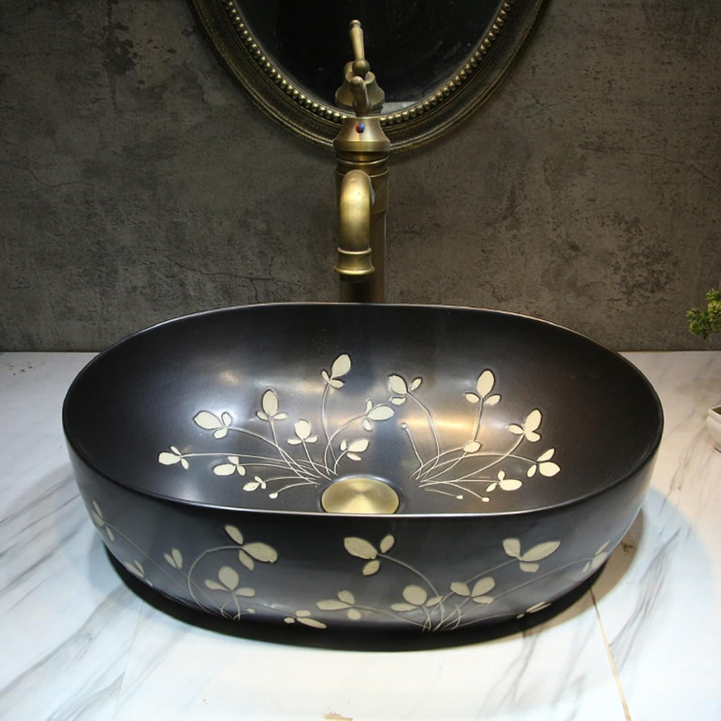 Ceramic Retro Bathroom Vessel Sink, Art Hand Wash Basin, Home Vanity Sink with Accessories, Countertop Basin for B&B, Club, Home