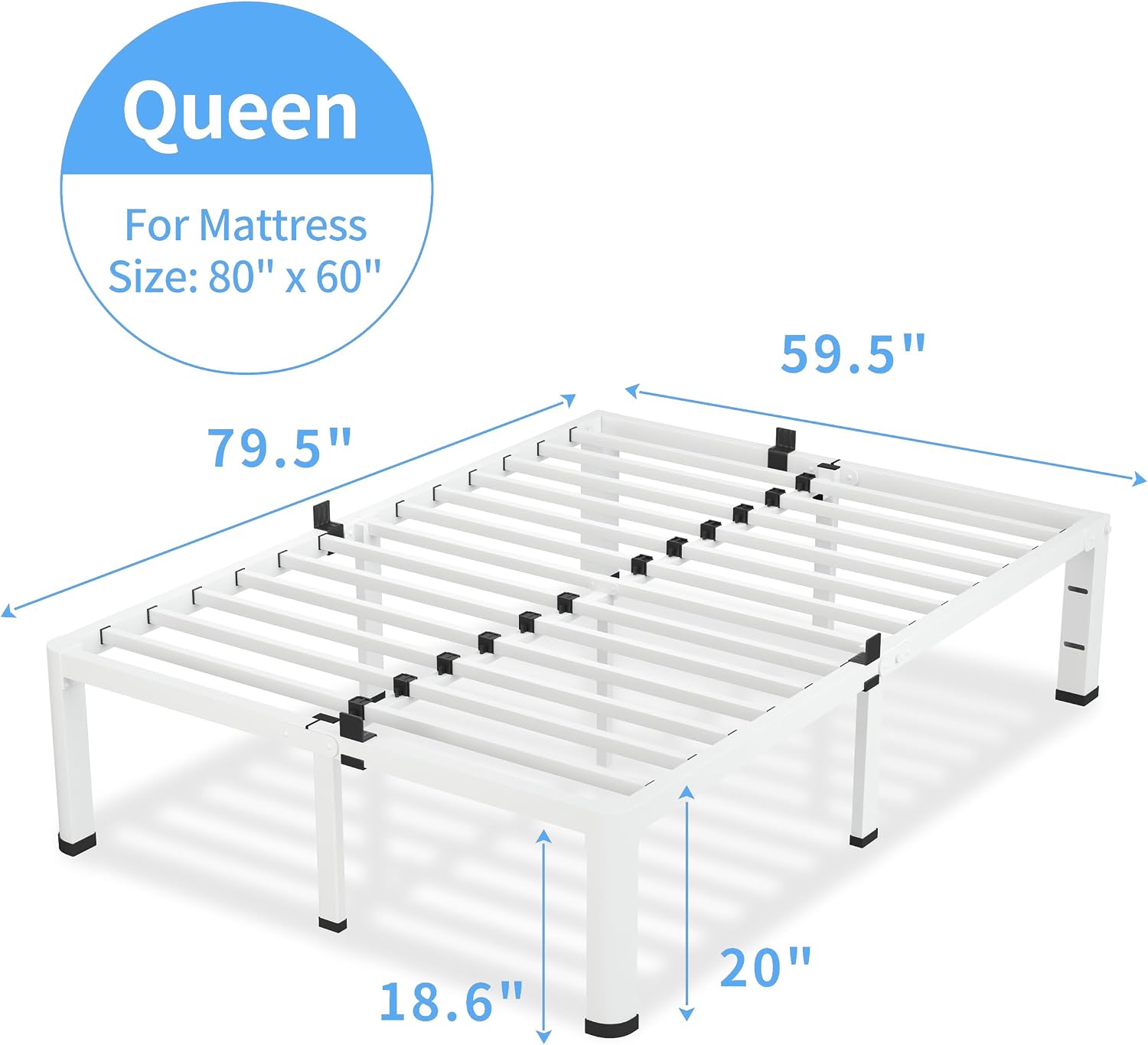 VIPSHOW 18 Inch Queen Size White Bed Frame, 3500Lbs Heavy Duty Metal Platform with Round Corner Legs Mattress Slide Stopper, Steel Slat Support No Box Spring Needed, Noise Free, Easy Assembly