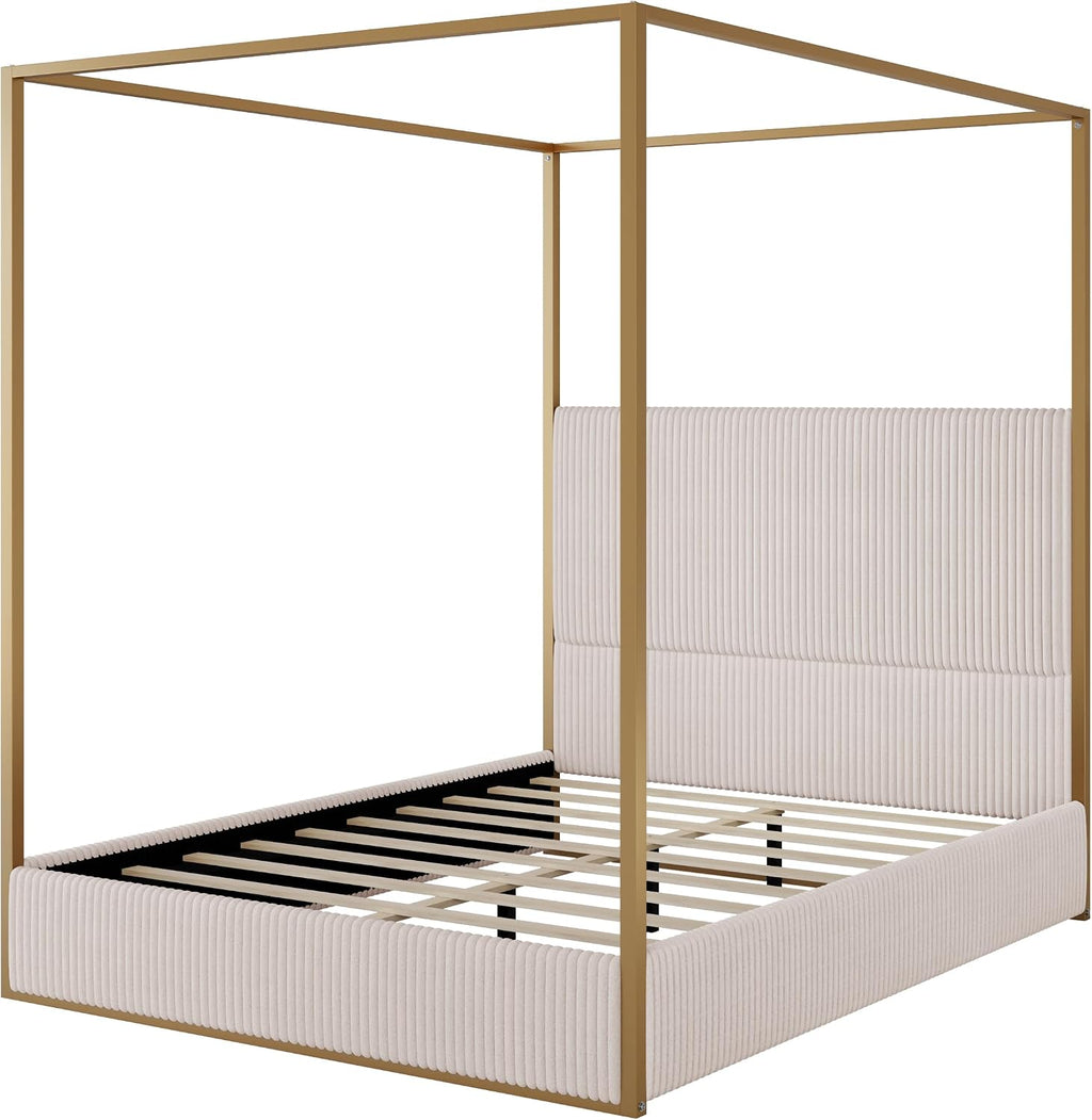 Modern Luxury 4-Poster Canopy Platform Bed Queen Size with Velvet Upholstered Tall Headboard, Metal Canopied Design Platform Bed Frame with Strong Slats Support (Beige+Gold)