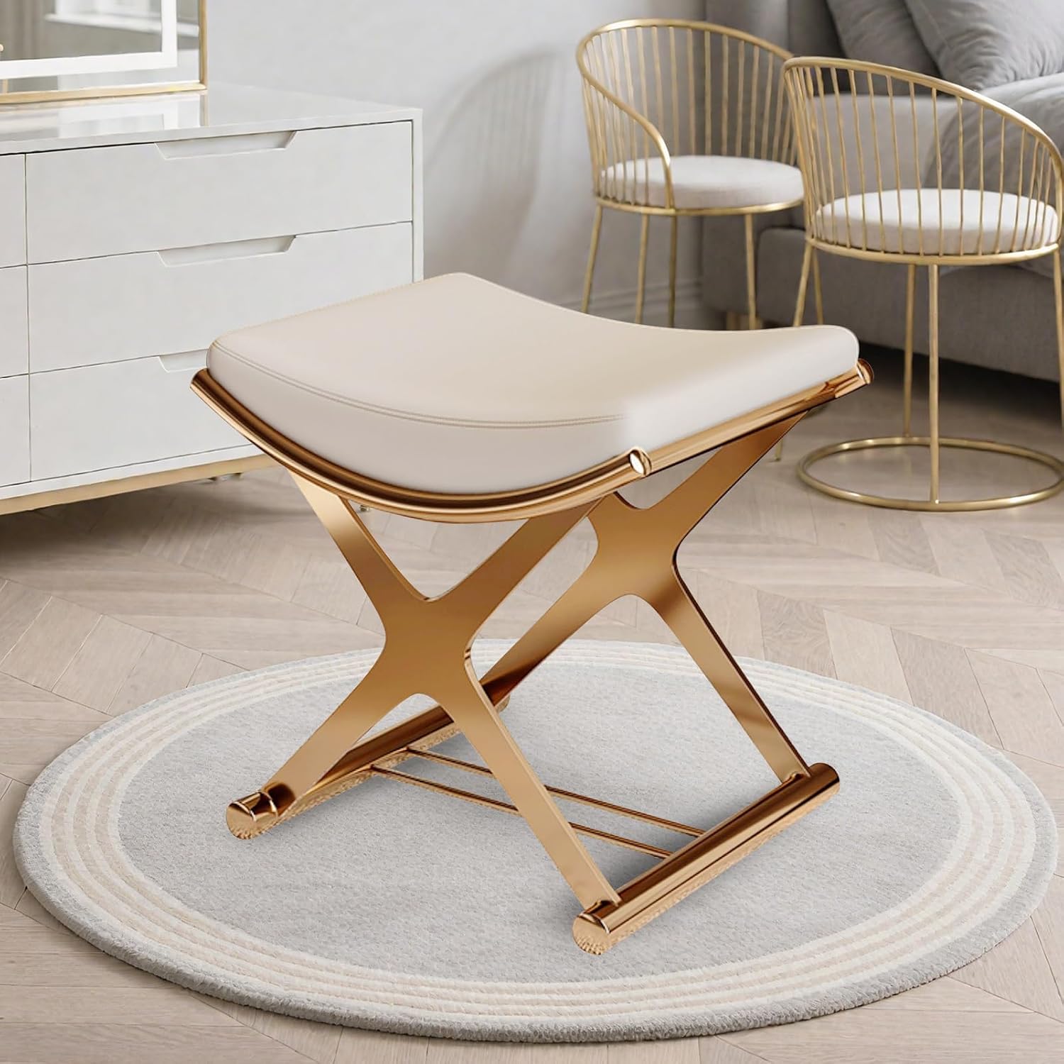 Modern Vanity Stool - Gold Leather Makeup Chair with X-Legs, Backless Ottoman Bench for Bathroom, Living Room & Bedroom Decor