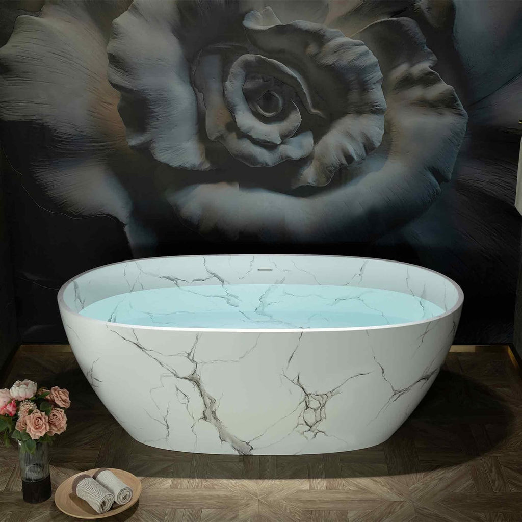 WOODBRIDGE 63' Marble-Pattern Stone Resin Freestanding Soaking Tub, Modern Oval Solid Surface Bathtub with Integrated Slotted Overflow & Drain, Matte Finish, CST0744