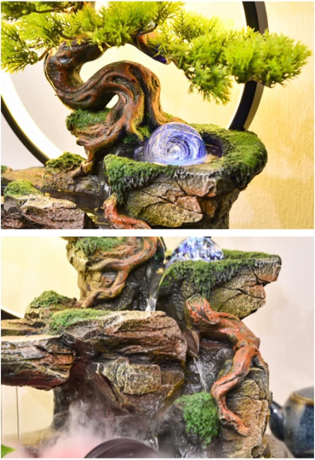 Desktop Fountain Tabletop Water Fountain Indoor Waterfalls Fountains Decorative with LED Light Artificial Bonsai Tree Design Best Home Gifts for Parents or Friends(Large)