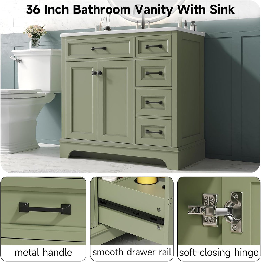 ONBRILL 36' Luxurious Bathroom Vanity with Ceramic Sink, Modern Freestanding Bathroom Single Sink Vanities Cabinet with 2 Soft Closing Doors & 2 Drawers, Adjustable Shelf & Paint Surface (Green)
