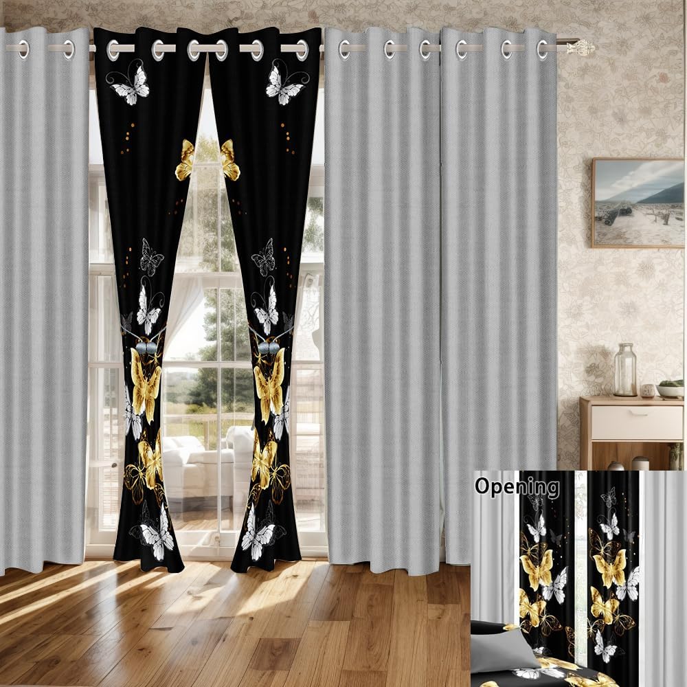Luxury Golden Butterfly Queen Light Comforter Set, Elegant 9-Piece Bed in a Bag Queen Bedspread with Matching Curtains Ultra Soft & Breathable Black Gold Bedding, Chic All-Season Master Suite Decor