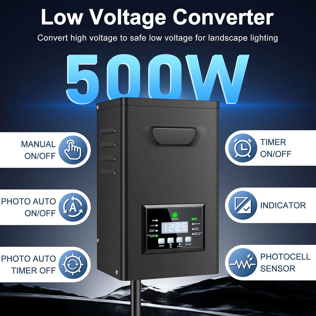 500W Low Voltage Landscape Transformer, Landscape Lighting Transformer with Timer and photocell Sensor, 120V AC to 12V/14V AC Outdoor Weatherproof Low Voltage Transformers for Landscape Lighting
