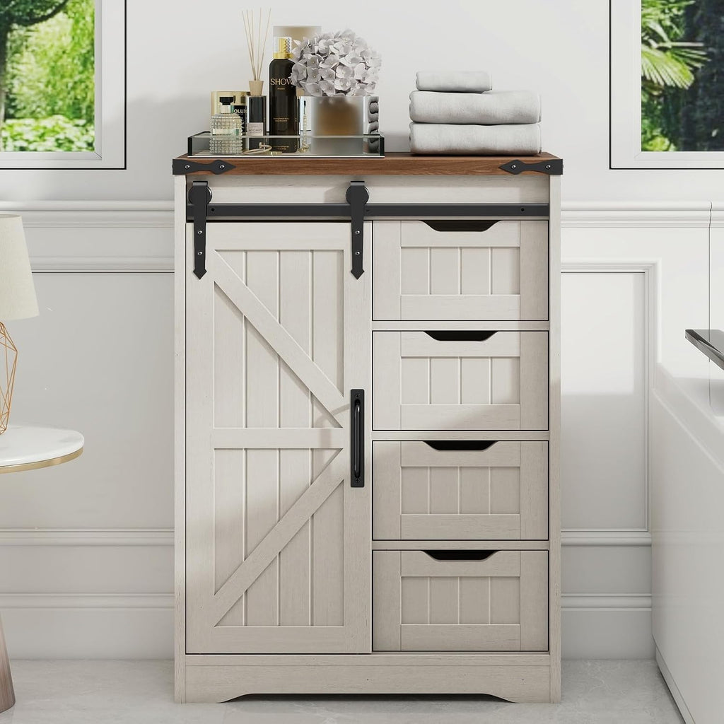 Halitaa Farmhouse Bathroom Floor Storage Cabinet with 4 Drawers, Bathroom Cabinet with Sliding Door, Rustic Storage Organizer for Kitchen, Living Room, Rustic Style, White