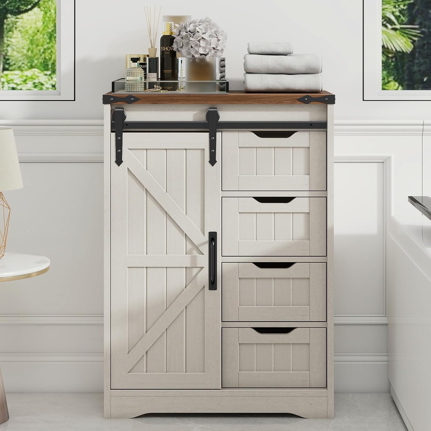 Halitaa Farmhouse Bathroom Floor Storage Cabinet with 4 Drawers, Bathroom Cabinet with Sliding Door, Rustic Storage Organizer for Kitchen, Living Room, Rustic Style, White
