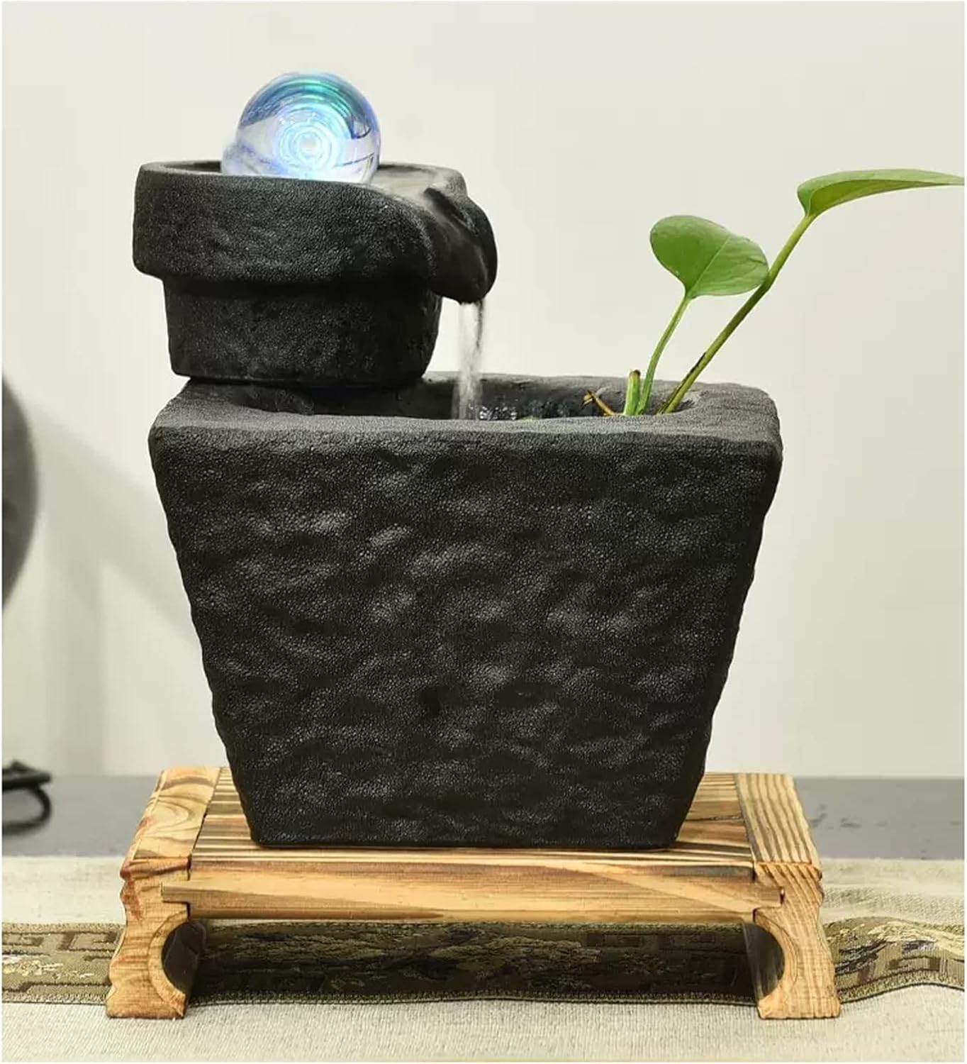 Desktop Fountain Ceramic Tabletop Fountain with Ball, Pump and Wooden Basefor Indoor Creative Flowing Water Table Desk Office and Home Decoration, Black