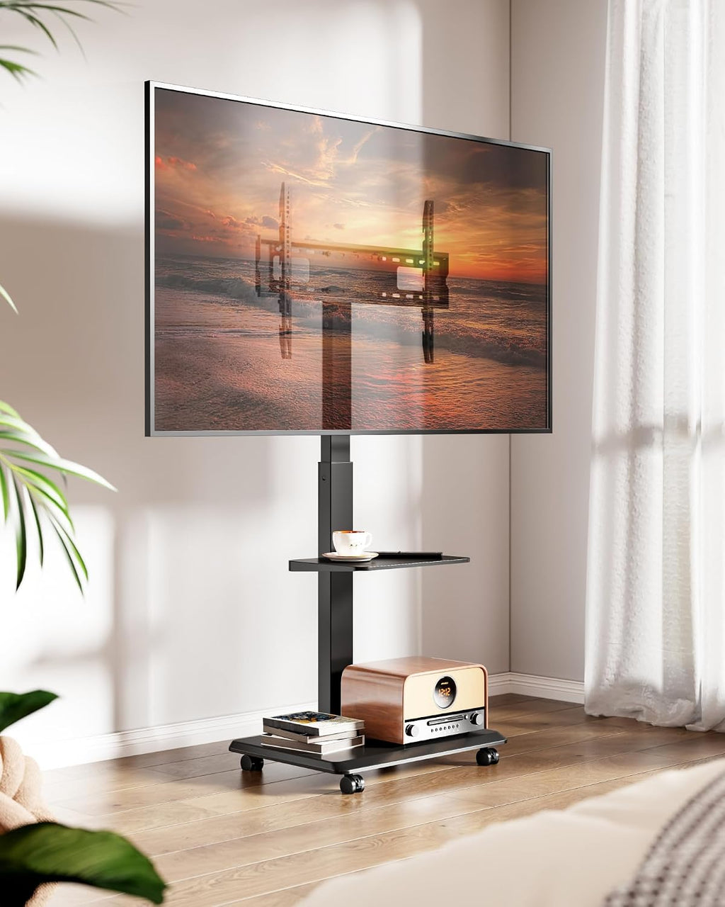 Steel Base Rolling TV Stand with Power Outlet for 32-75 inch TVs up to 110 lbs, Leveling & Tilt & Swivel Mobile TV Stand with Hidden Wire Management, Height Adjustable Portable Tv Stand, Black