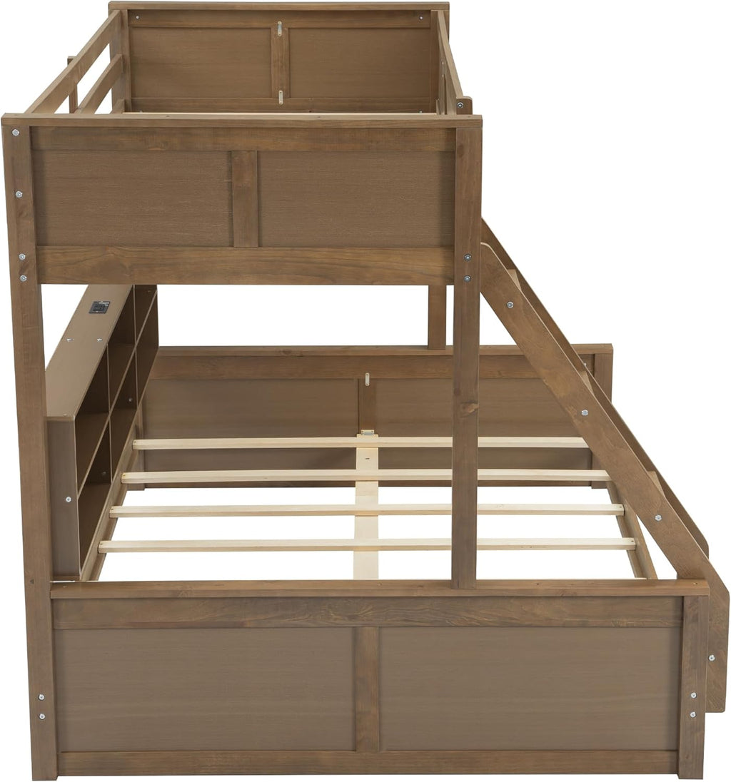 RUNNA Twin XL Over Queen Bunk Bed with Storage Cabinets and USB Ports, Solid Pine Wood Frame, Safety Guard Rails, No Box Spring Needed (Wood1, Twin XL Over Queen)