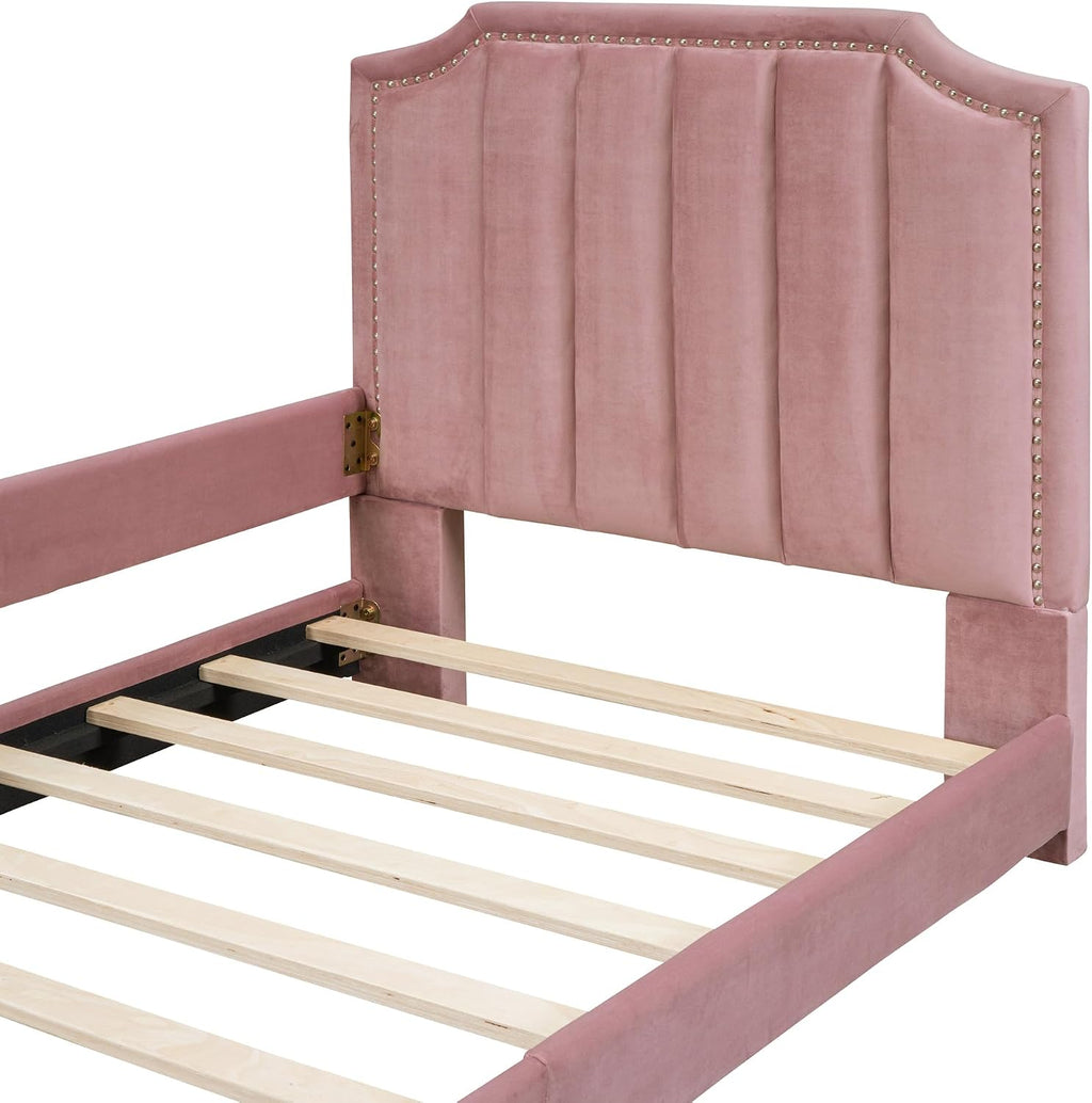 Favfurish Twin Size Upholstered Daybed with Classic Stripe Shaped Headboard,Durable Wooden Platform Bed Frame,No Box Spring Needed,for Kids Teens Adults,Bedroom Guestroom Dorm,Pink
