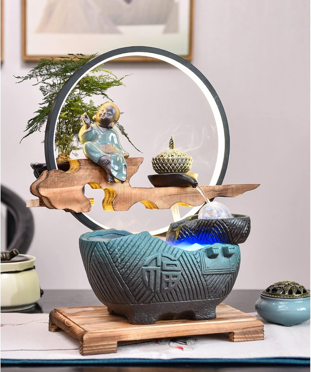 Desktop Fountain Indoor Fountain Tabletop with LED Lights and Rolling Ball Feng Shui Zen Waterfall Fountains Relaxation Water Feature Meditation Desktop for Home Office Decor