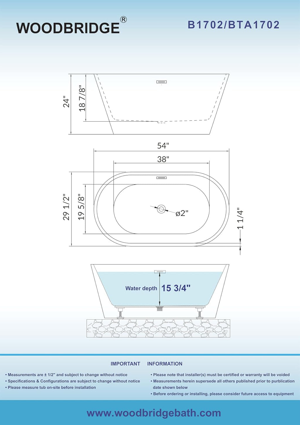 WOODBRIDGE 54' Acrylic Freestanding Bathtub Contemporary Soaking White Tub with Chrome Overflow and Drain,B1702-CH
