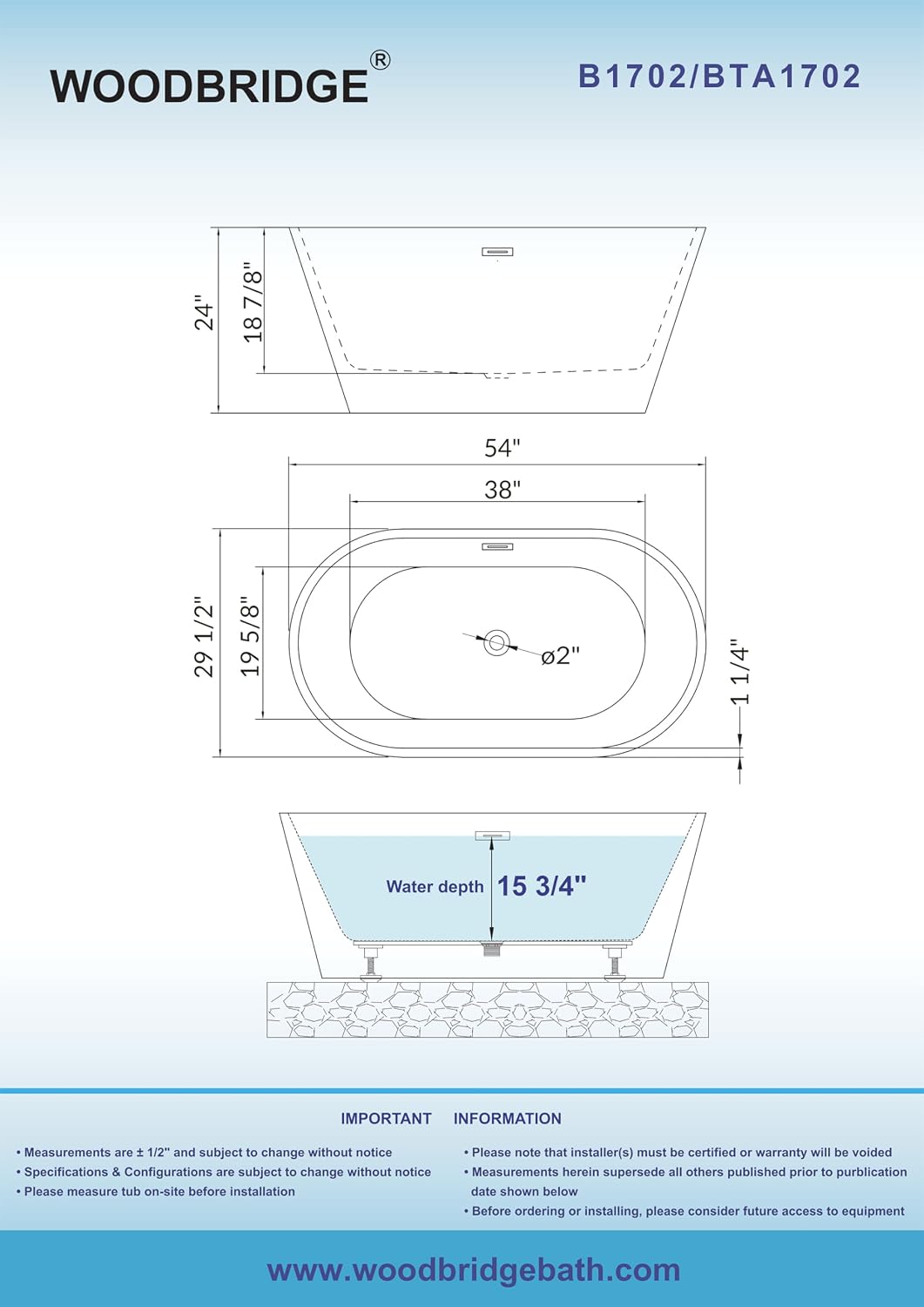 WOODBRIDGE 54' Acrylic Freestanding Bathtub Contemporary Soaking White Tub with Chrome Overflow and Drain,B1702-CH